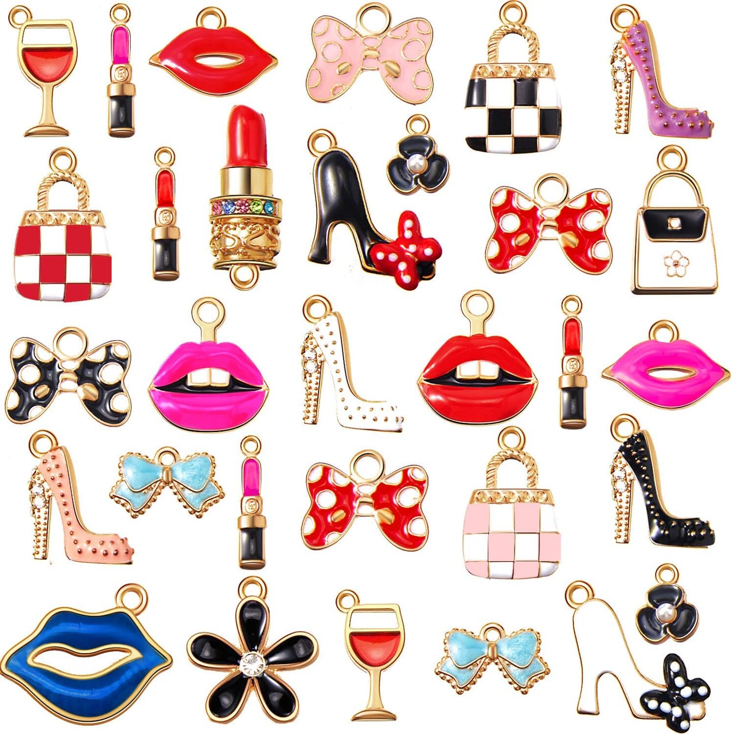 50 Pieces Enamel Charms for Bracelet Jewelry Making Women Makeup Earrings Lipstick Craft Pendant High Heel Designer Charms Mixed Gold Plated Wallet Flower Bow Items for DIY Necklace