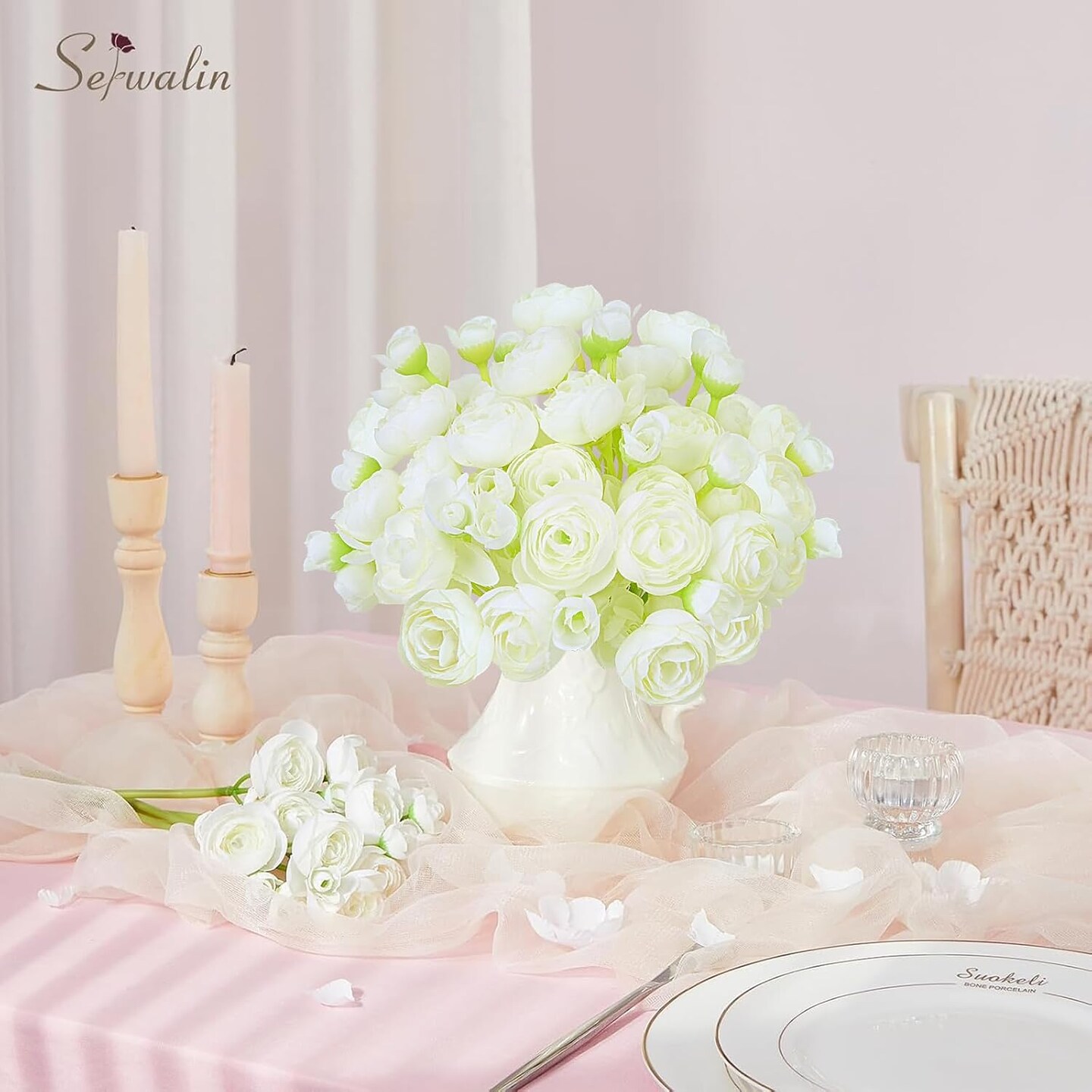 18Pcs White Ranunculus Artificial Flowers, Faux Silk Mini Ranunculus with Stems, Fake Wedding Filler Flowers Bulk Floral Arrangements for Home, Table Centerpieces Bridal Shower DIY Bouquets Decor