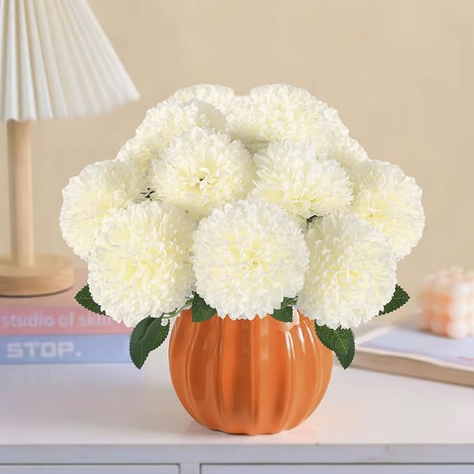 12 Pcs Artificial Chrysanthemums Flowers Ball Flower, Fake Mums Flowers White Silk Flowers for Spring Home Decor Indoor Floral Arrangement Table Centerpiece (12, White)