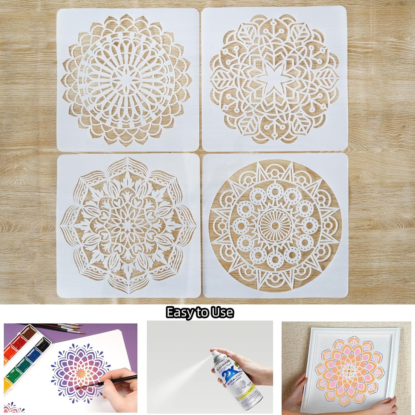 9-Pack Large Mandala Stencils (12x12 in) – Reusable Plastic Painting Templates for DIY Crafts on Walls, Wood, Floors, Canvas & Home Decor