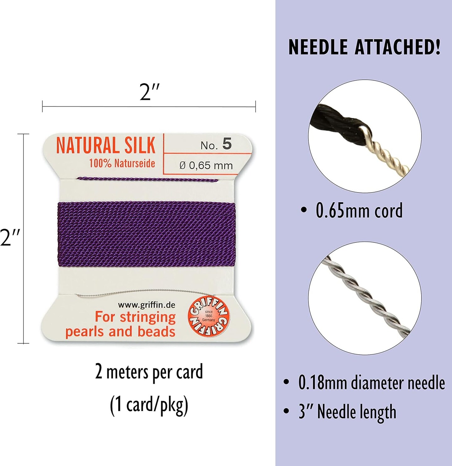 Griffin Silk Bead Cord Perlseide – Size 5 (0.65mm) – 2 Meters per Card – Stainless Steel Needle Attached – for Knotting Pearls, Gemstones, Crystals and Beads
