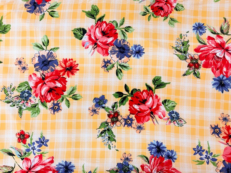 Yellow-Red-Multi Rayon Floral Plaid Printed Challis Woven Fabric By the Yard