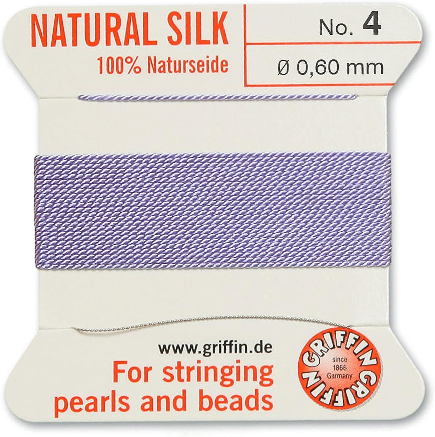 Griffin Silk Bead Cord Perlseide – Size 4 (0.60mm) – 2 Meters per Card – Stainless Steel Needle Attached – for Knotting Pearls, Gemstones, Crystals and Beads