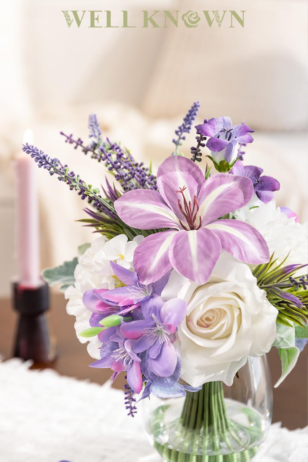Fake Flowers in Vase Artificial Flowers with Fake Water, Real Touch Faux Silk Rose & Blooming Tulips Spring Flower with Lavender Arrangements for Table Decor (White Purple)