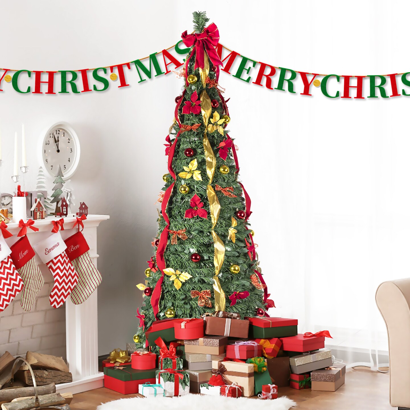 6FT Decorated Artificial Christmas Tree: Festive Lights, Ornaments &#x26; Bows - Perfect for Holiday Decor