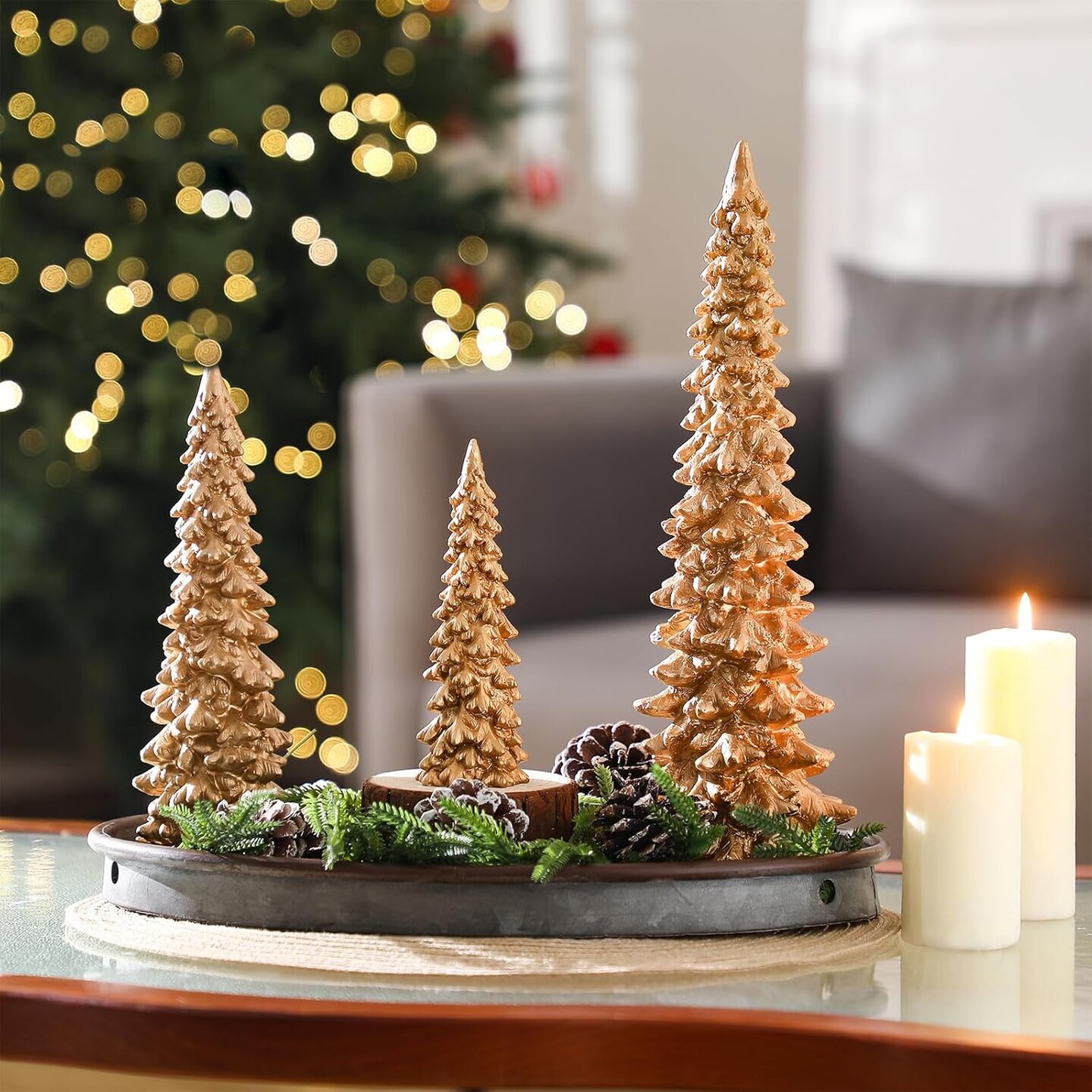 3PCS Gold Resin Christmas Tree Decoration - 13.8 Inch, 9.8 Inch, 5.9 Inch