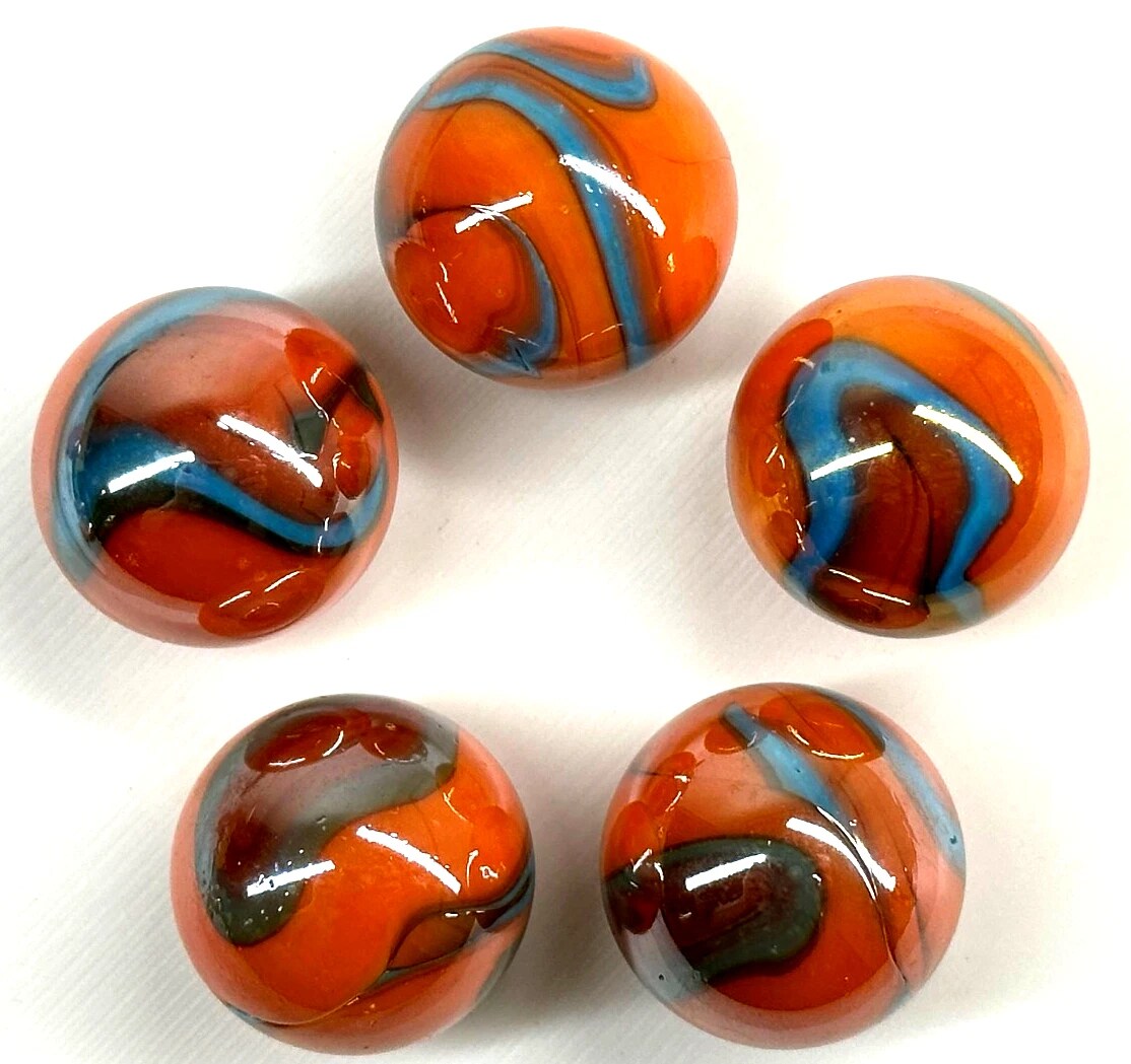 VALKYRIE Orange/Blue Iridescent Glass Marbles 22mm (7/8 inch) SHOOTER Taw (Lot of 5)