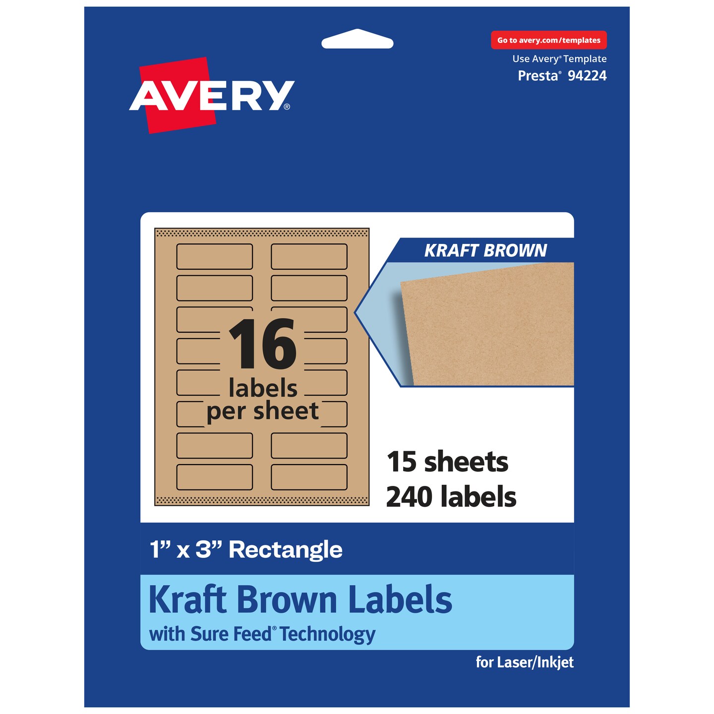 Avery Kraft Brown Rectangle Labels with Sure Feed, 1&#x22; x 3&#x22;