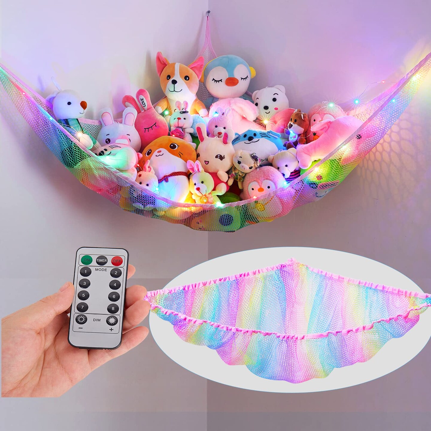 Stuffed Animal Net Hammock Kids Toy Storage with LED Light Plush Toy Organizer Corner Hanging Stuffed Animal Holder For Nursery Kids Girls Room Decor