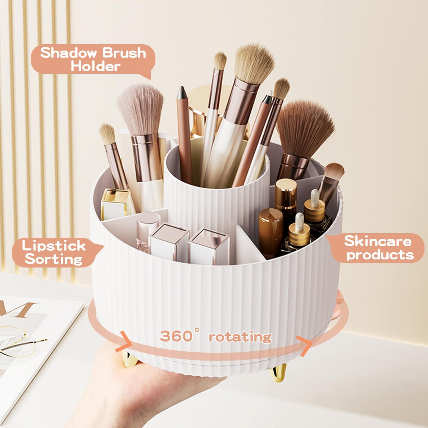 360&#xB0; Rotate Makeup Brush Holder Organizer, Makeup Organizers Countertop, Makeup organization and Skincare Storage for Vanity, Desktop, Bathroom (White)