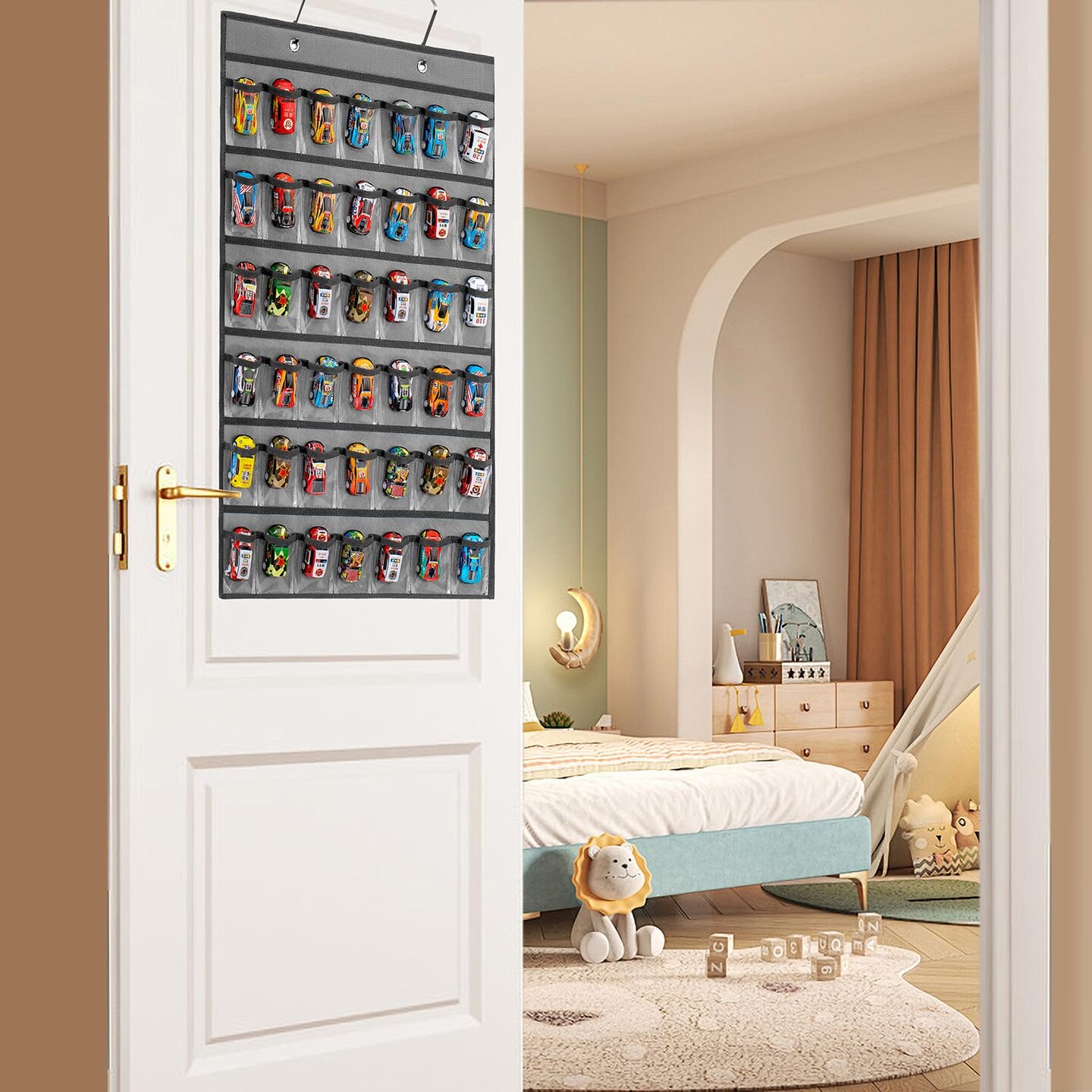 Toy Car Storage Organizer Hanging Toy Wheels Cars Holder Matchbox Cars Display Case with 42 Clear Pockets (One Side-Grey)