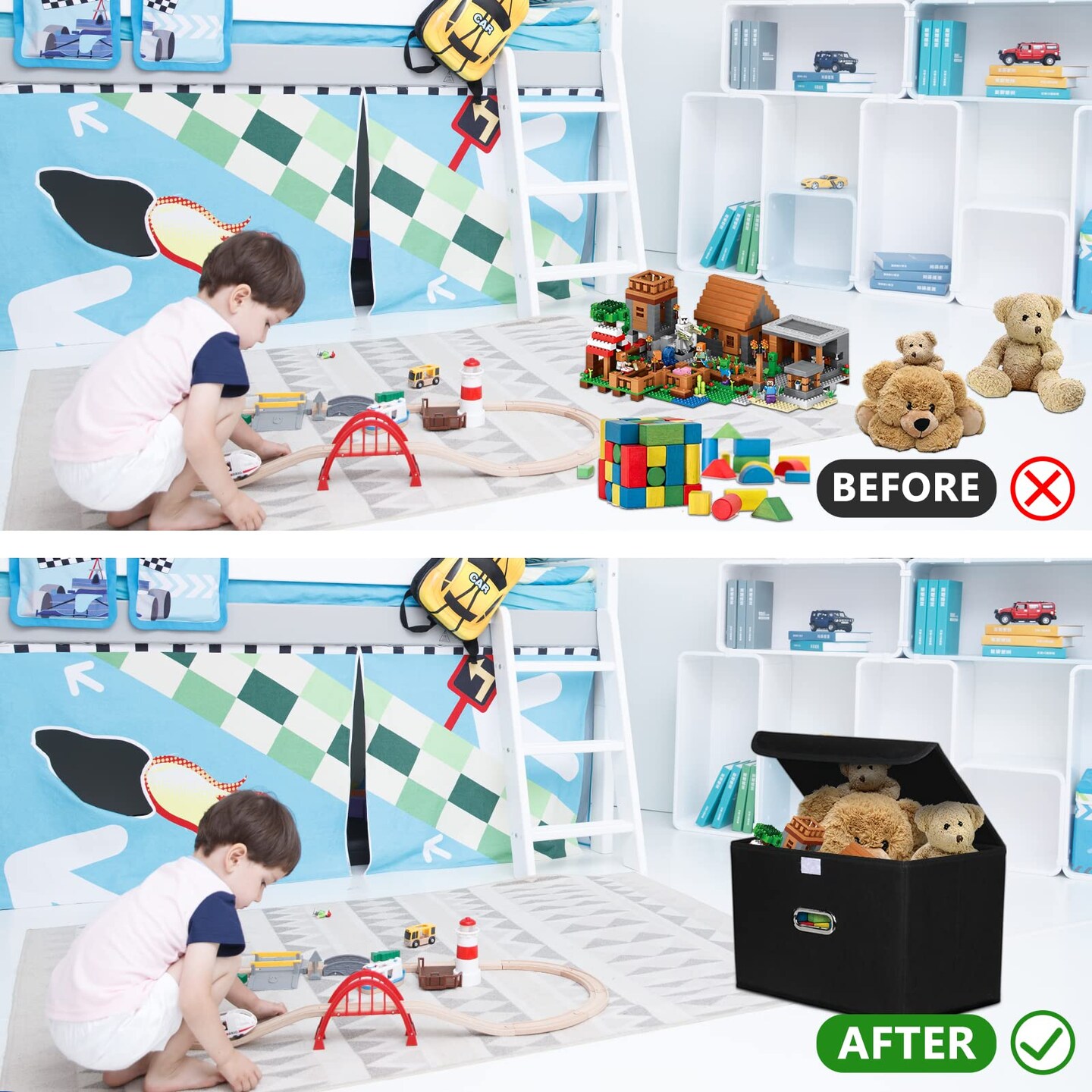 STOREONE Fabric Storage Cube Bins Foldable Organizer Container Collapsible Basket with Lids and Metal Handles, for Home, Bedroom, Closet (Black, 3 Pcs)