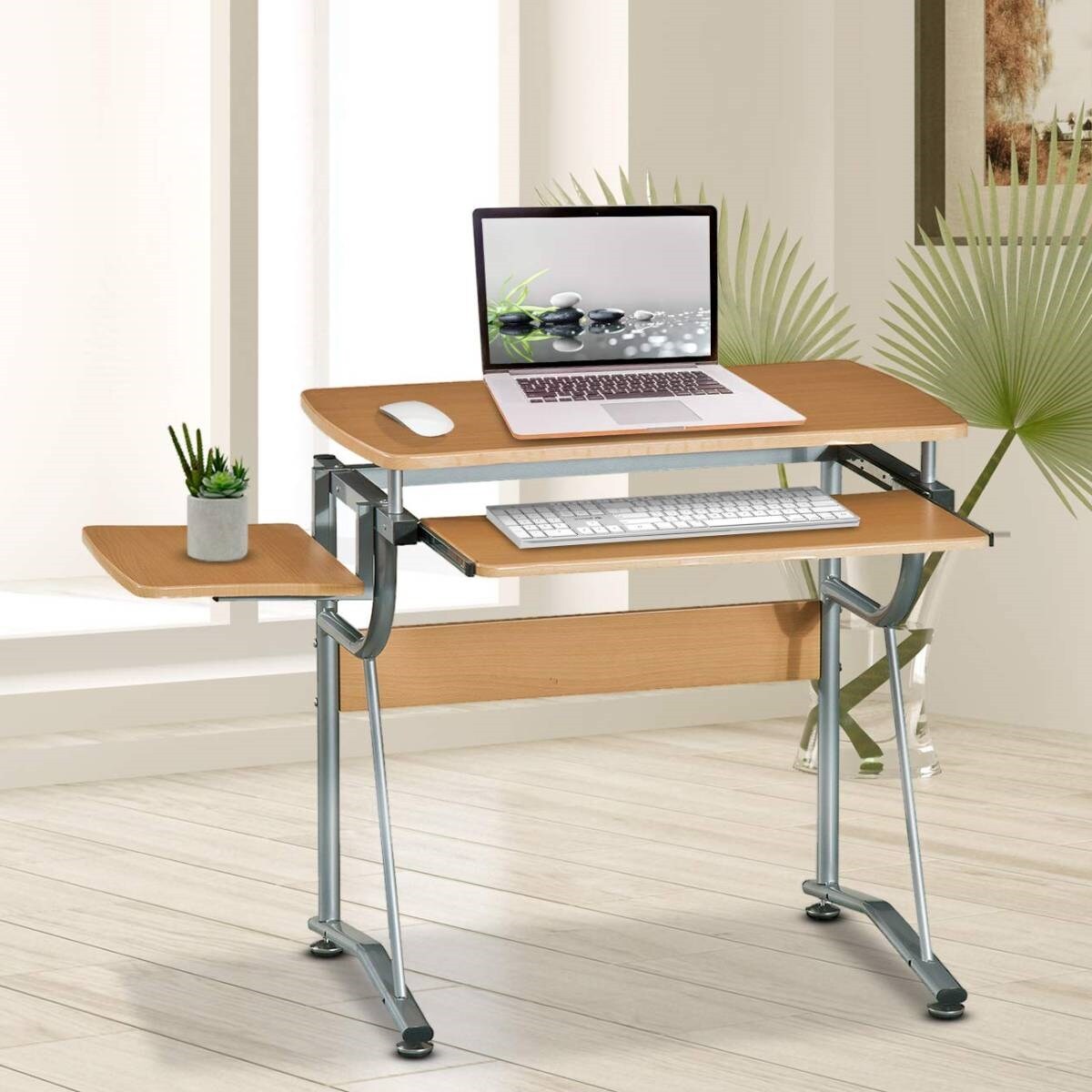 Light Cherry Compact Contemporary Computer Desk with Slide-Out Keyboard