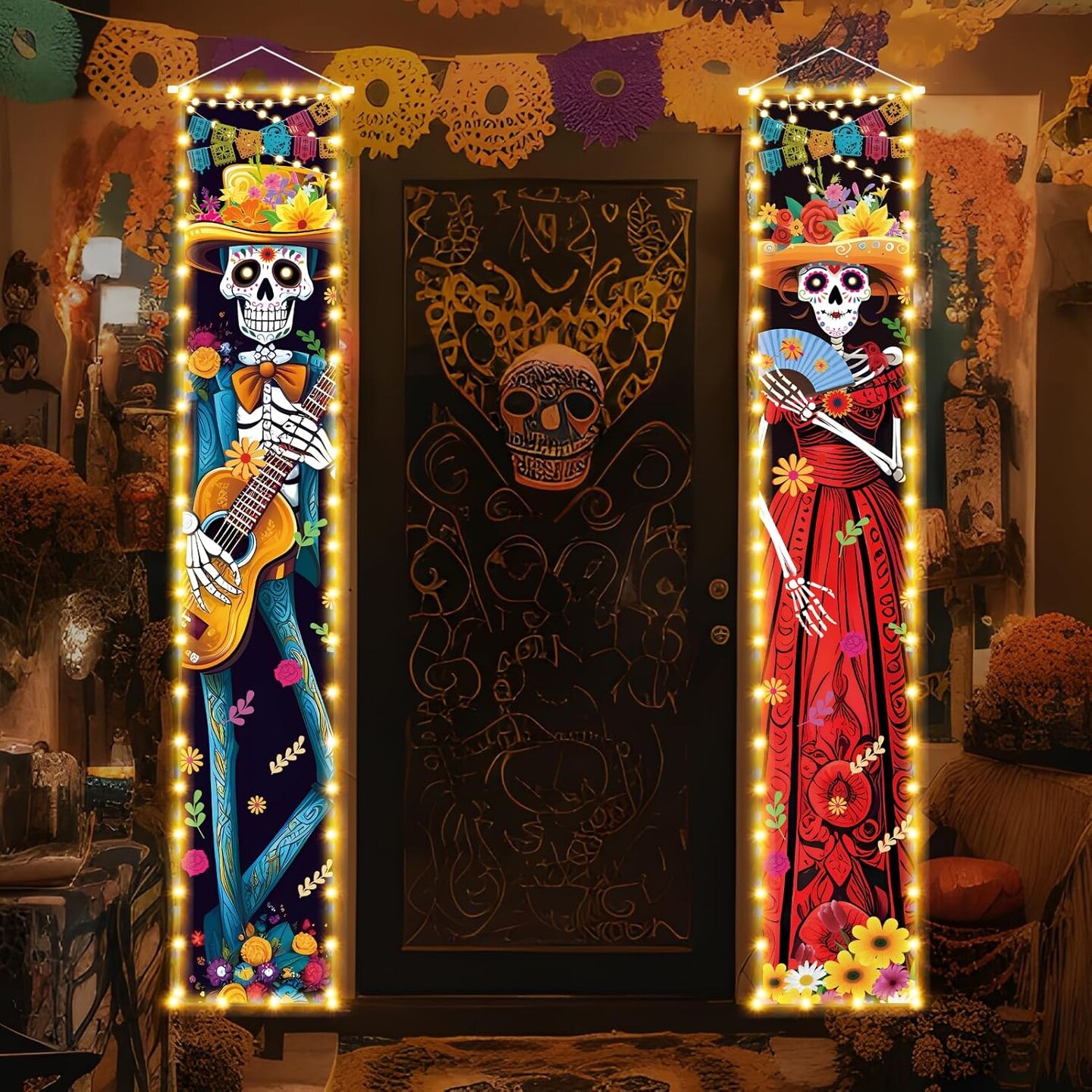 Halloween Dia De Los Muertos Lighted Porch Sign Banners
