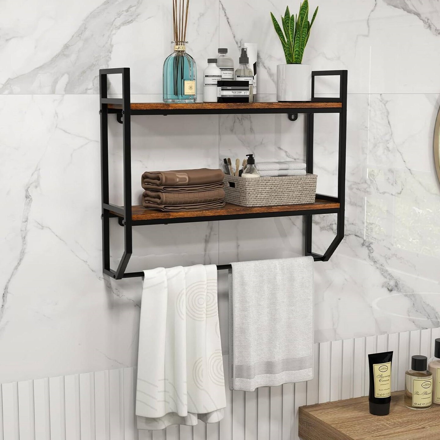 Rustic Brown Wall Mounted Bathroom Shelf with Towel Bar Modern 2 Tier Over Toilet Storage Rack