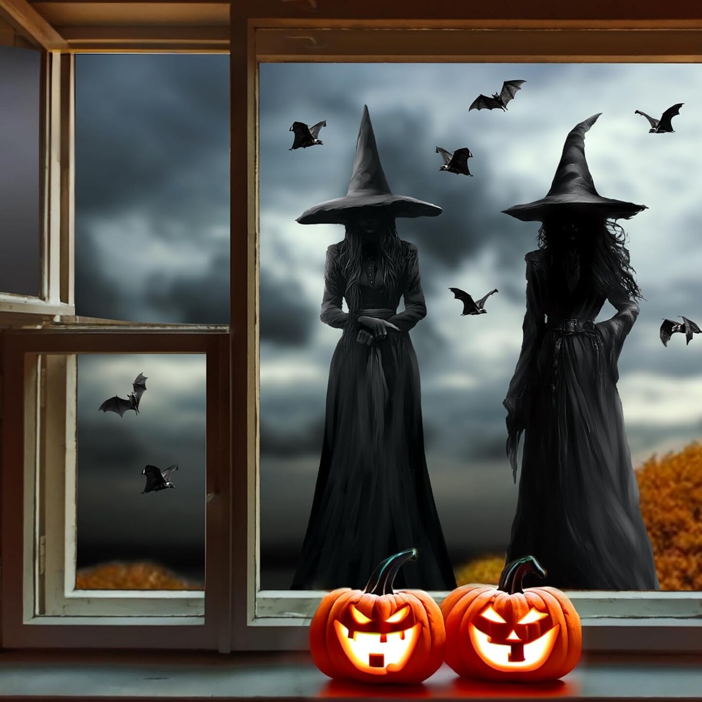 3pcs Large Dark Witch and Bats Silhouette Halloween Decals