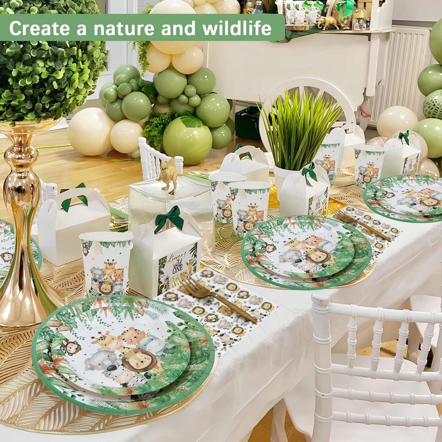 Safari Jungle Baby Shower Tableware Set – Sage Green for 25 Guests