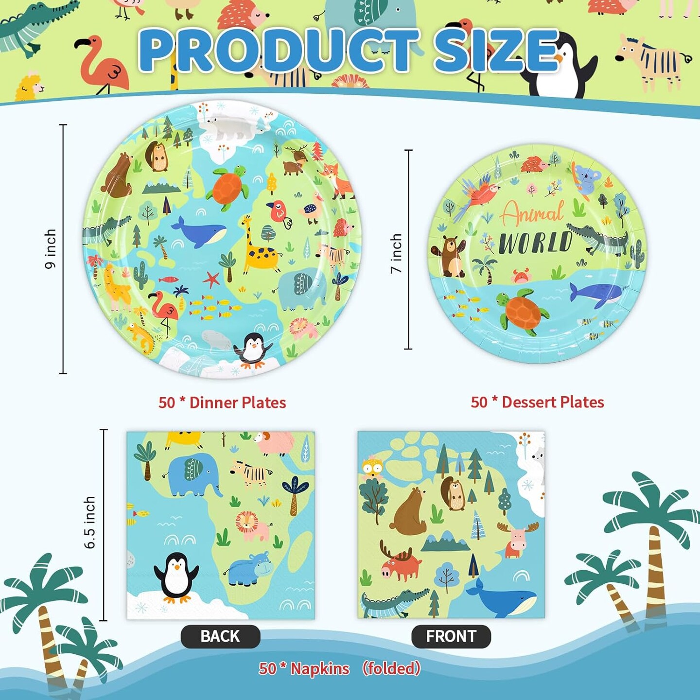 Baby Shower Animal World Map Paper Plates and Napkins - Serve 50 (Animal)