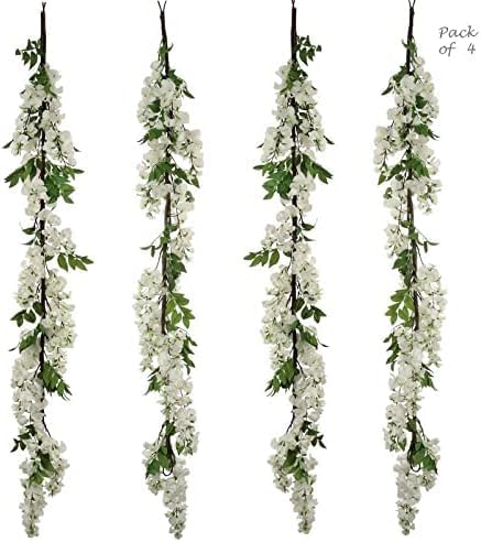 2PC Floral Home 60&#x22; Luxurious White Silk Wisteria Garland - 12 Lush Hanging Flowers - Wedding Aesthetics - Home &#x26; Office Embellishments - Floral Accent Piece - Centerpiece Table Decorations Garland