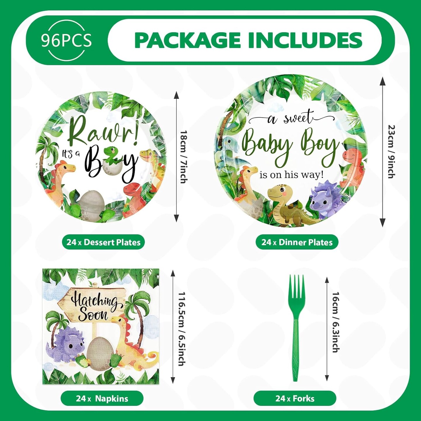 96Pcs Dinosaur Baby Shower Party Decorations & Tableware Sets - Serves 24