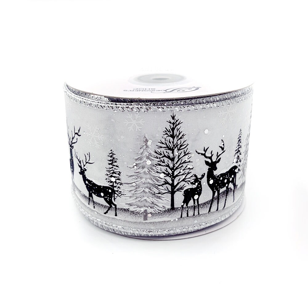Designer&#x2019;s Shop WR 63-5206 Winter Forest Reindeer Wired Edge Ribbon &#x2013; 2.5&#x22; x 10 Yards &#x2013; Snowy Deer Scene on White &#x2013; Christmas Craft, Wreath &#x26; Gift Wrapping Decoration