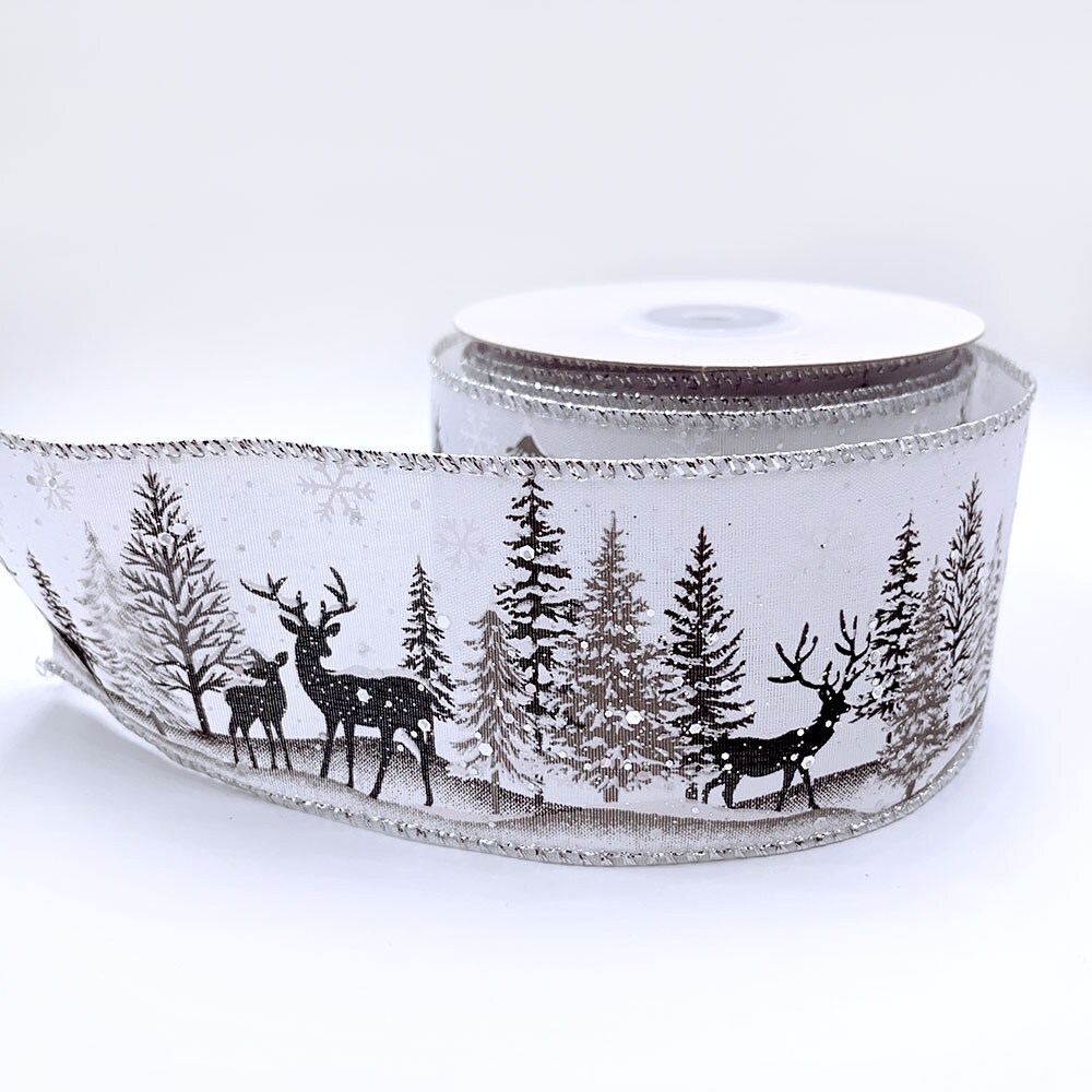 Designer&#x2019;s Shop WR 63-5206 Winter Forest Reindeer Wired Edge Ribbon &#x2013; 2.5&#x22; x 10 Yards &#x2013; Snowy Deer Scene on White &#x2013; Christmas Craft, Wreath &#x26; Gift Wrapping Decoration