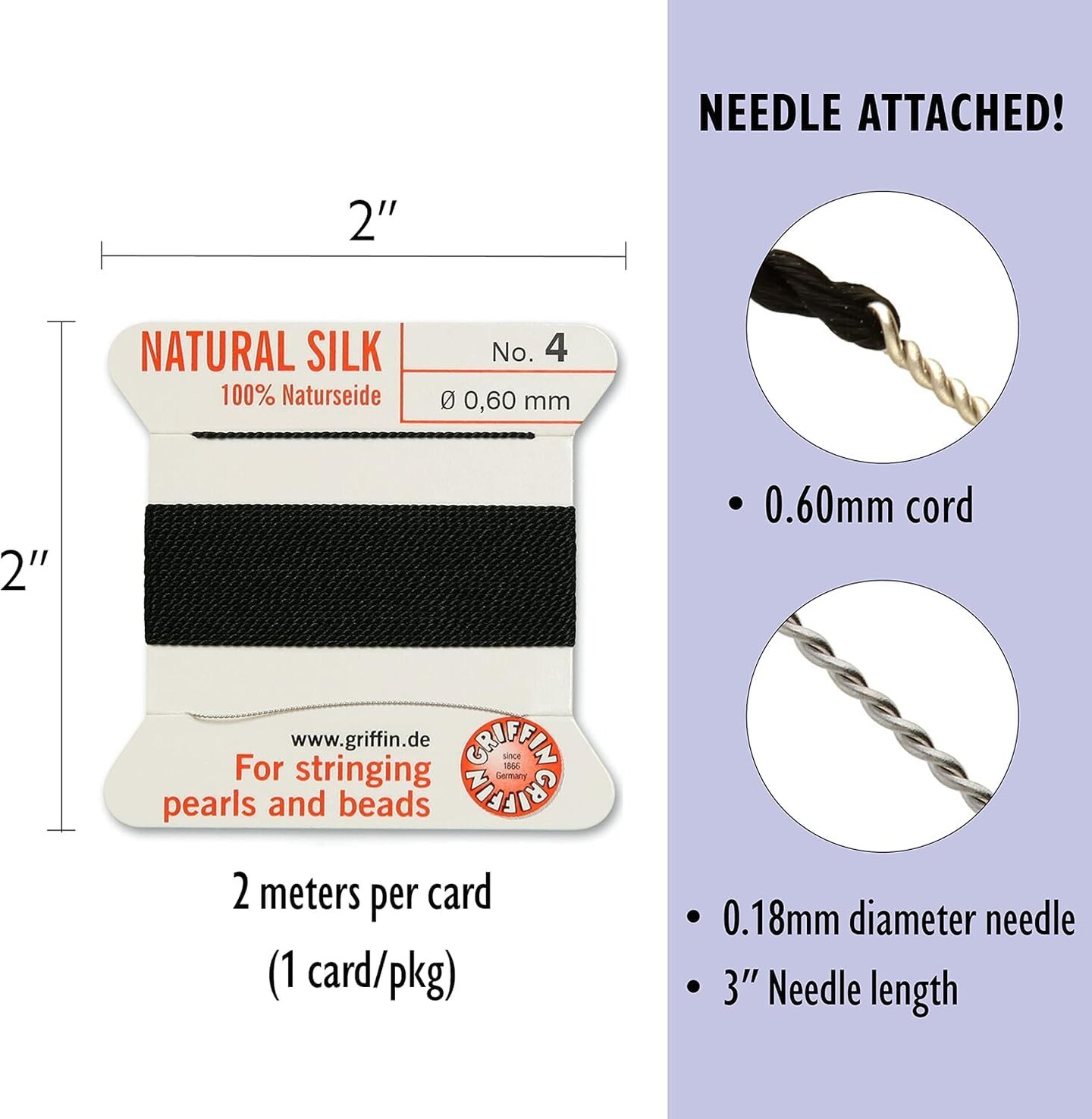 Griffin Silk Bead Cord Perlseide – Size 4 (0.60mm) – 2 Meters per Card – Stainless Steel Needle Attached – for Knotting Pearls, Gemstones, Crystals and Beads