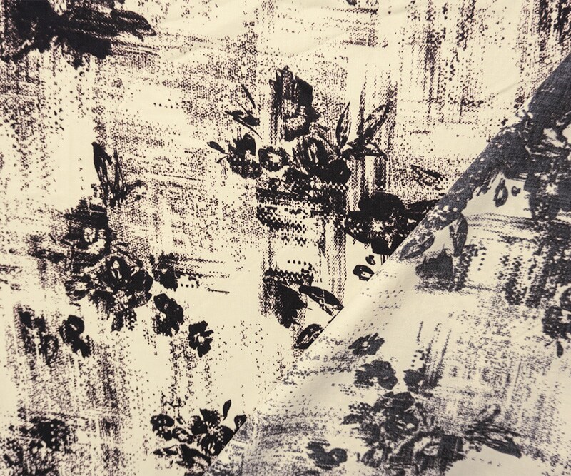 Ivory-Black-Brown Rayon Abstact Floral Printed Twill Woven Fabric By the Yard