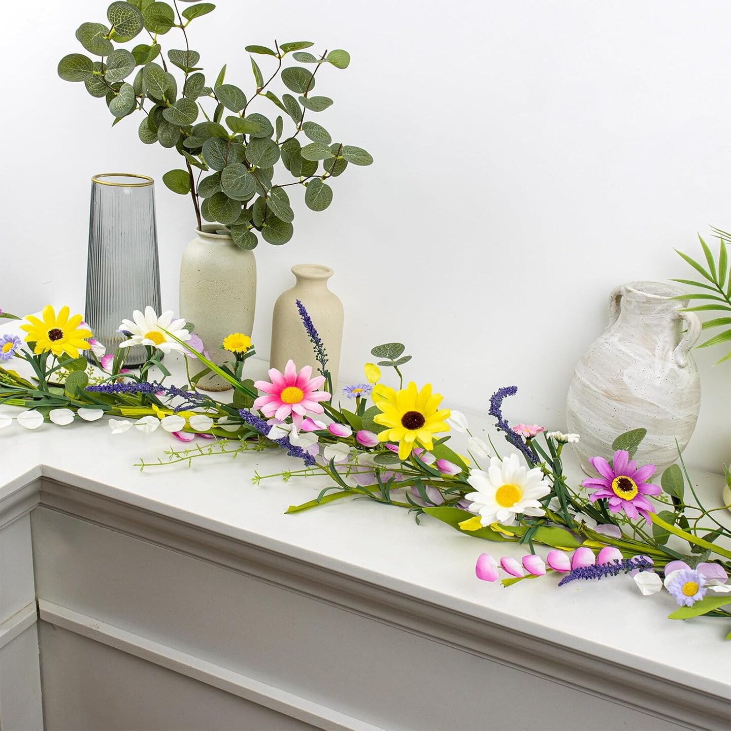 6 FT Spring Floral Garlands – Farmhouse Vintage Wildflower Daisy Garland, Spring Flower Garland for Table Centerpiece, Door Frame, Mantel, Stairs Railing, Rustic Summer Floral Decoration