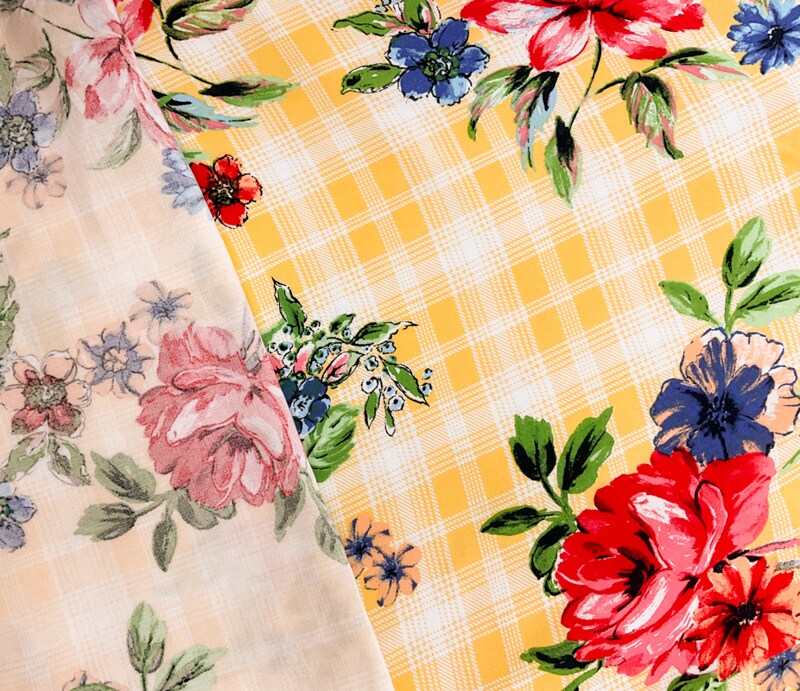 Yellow-Red-Multi Rayon Floral Plaid Printed Challis Woven Fabric By the Yard
