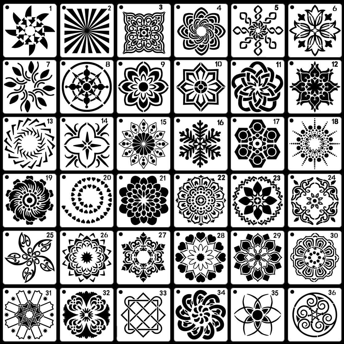 36-Pack Reusable Mandala Stencils – 3.6 x 3.6 in Dot Painting Templates for DIY Crafts on Rocks, Wood, Canvas, Fabric, Glass & Pottery