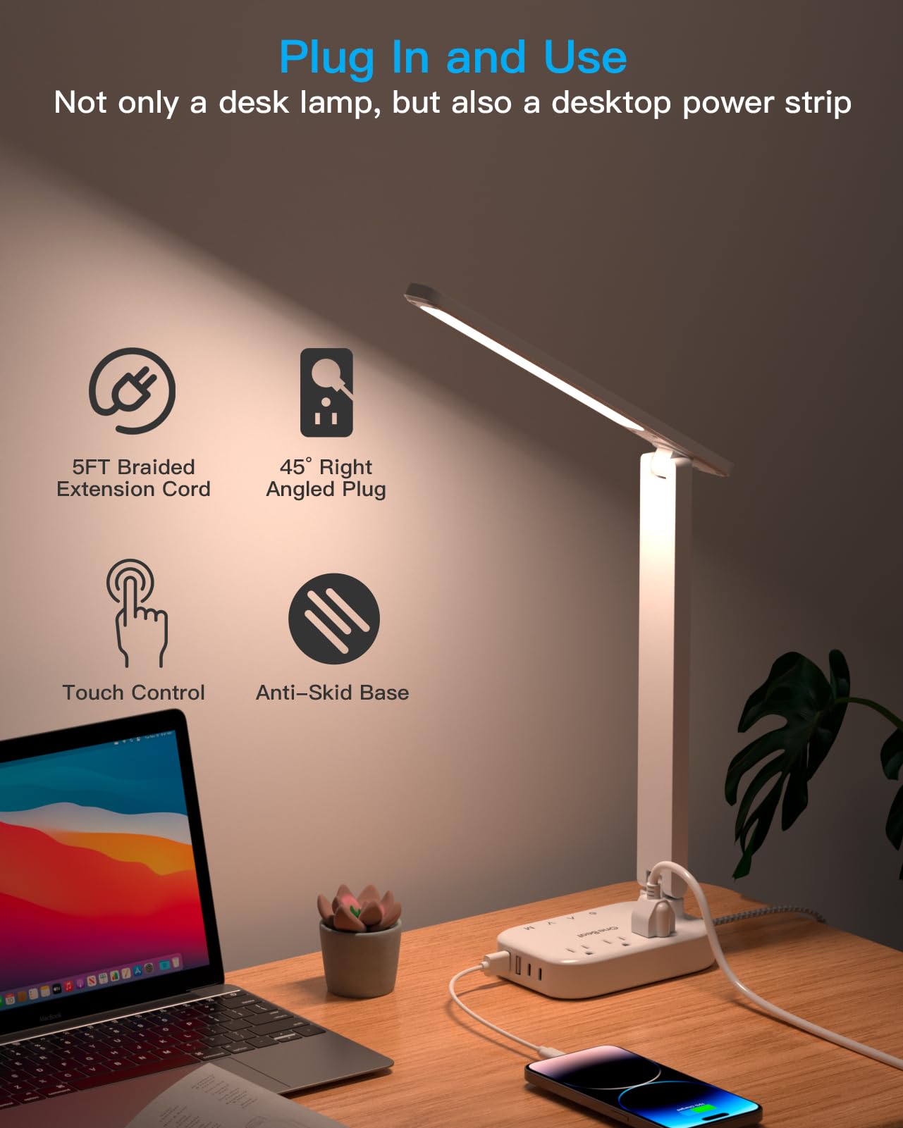 LED Small Desk Lamp Power Strip 5ft Extension Cord, 3 Outlets, 4 USB Ports(2 USB C), 4 Modes, 5 Level Touch- Home, Office, Bedroom, Bedside, Study Reading Light, Dorm Room Essentials, White