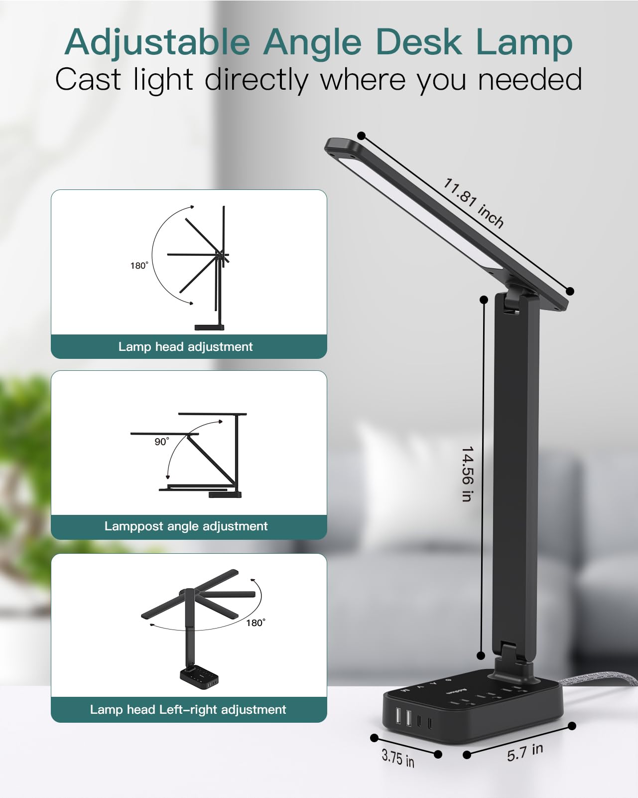 LED Desk Lamp, Power Strip with 3 Outlets 4 USB Charging Ports(2 USBC), 4 Modes 5 Level Brightness Touch Lamp, Small Desk Lamp for Home Office College Dorm Room Essentials