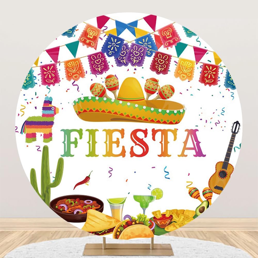 6x6ft Round Mexican Fiesta Backdrop Covers Sombrero Mexico Carnival Circle Photography Background Cinco De Mayo Mexican Theme Birthday Taco Twosday Party Decors Arch Photo Booth Props