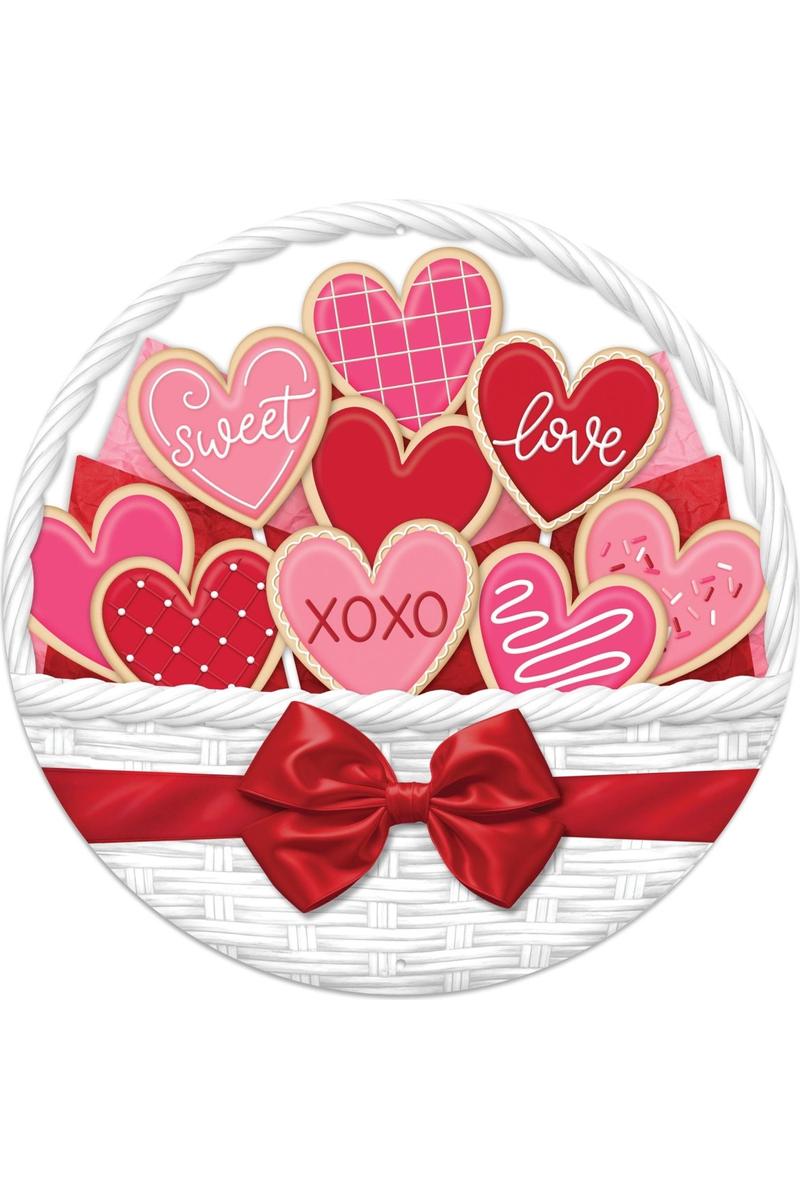 12&#x22; Round Metal Sign: Basket Valentine Cookies
