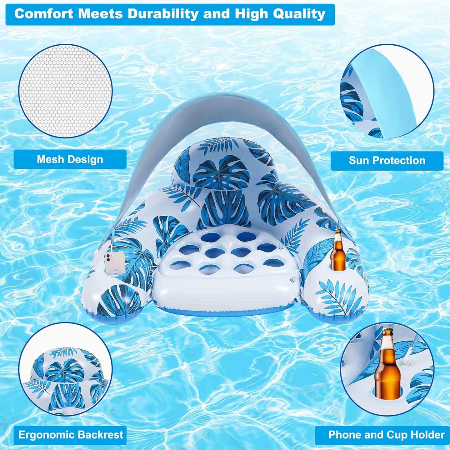 Pool Float Adult - XL Pool Lounger Float - Inflatable Pool Floats Beach Floats for Adults Ocean Pool Chair Floating with Cup Phone &#x26; Backrest