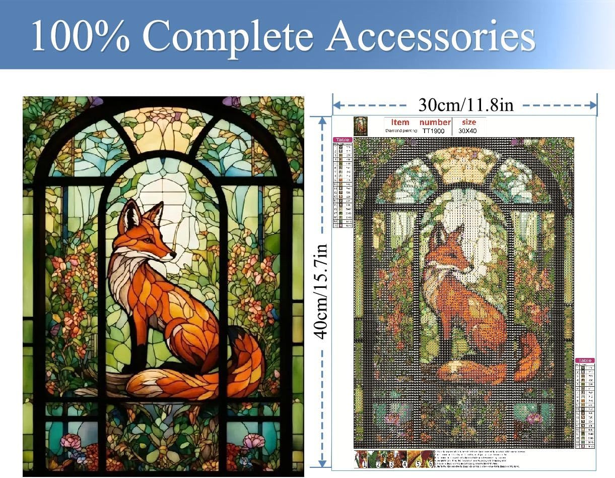 Fox Diamond Painting Kits-Stain Glass Fox Diamond Painting Kits for Adults,5D DIY Full Drill Fox Diamond Art for Home Wall Decor 12x16inch