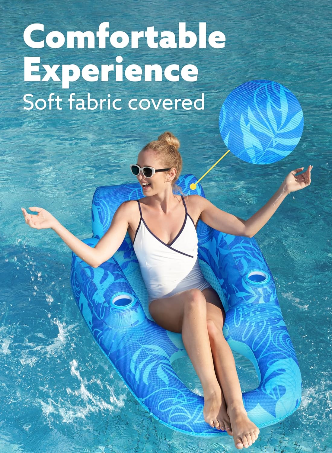 Premium Inflatable Pool Floats Lounger Adult, Fabric Pool Floaties Lounge with Cup Holders Backrest Recliner for Pool Party