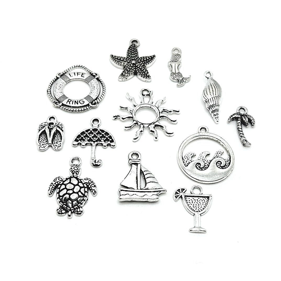 72 Piece Antique Silver Ocean Theme Charms, 12 Styles