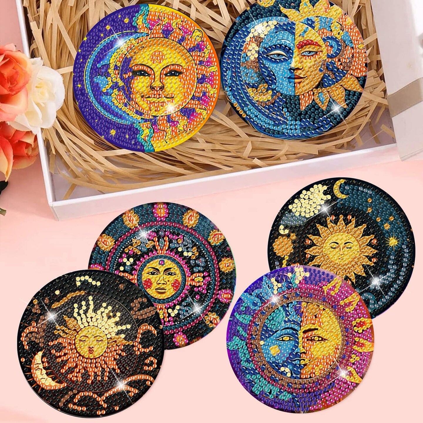 8 Pcs Diamond Art Coasters Kit for Adults - Sun and Moon Painting Set With Holder Cork Pads - DIY Dots Painting Crafts for Beginners