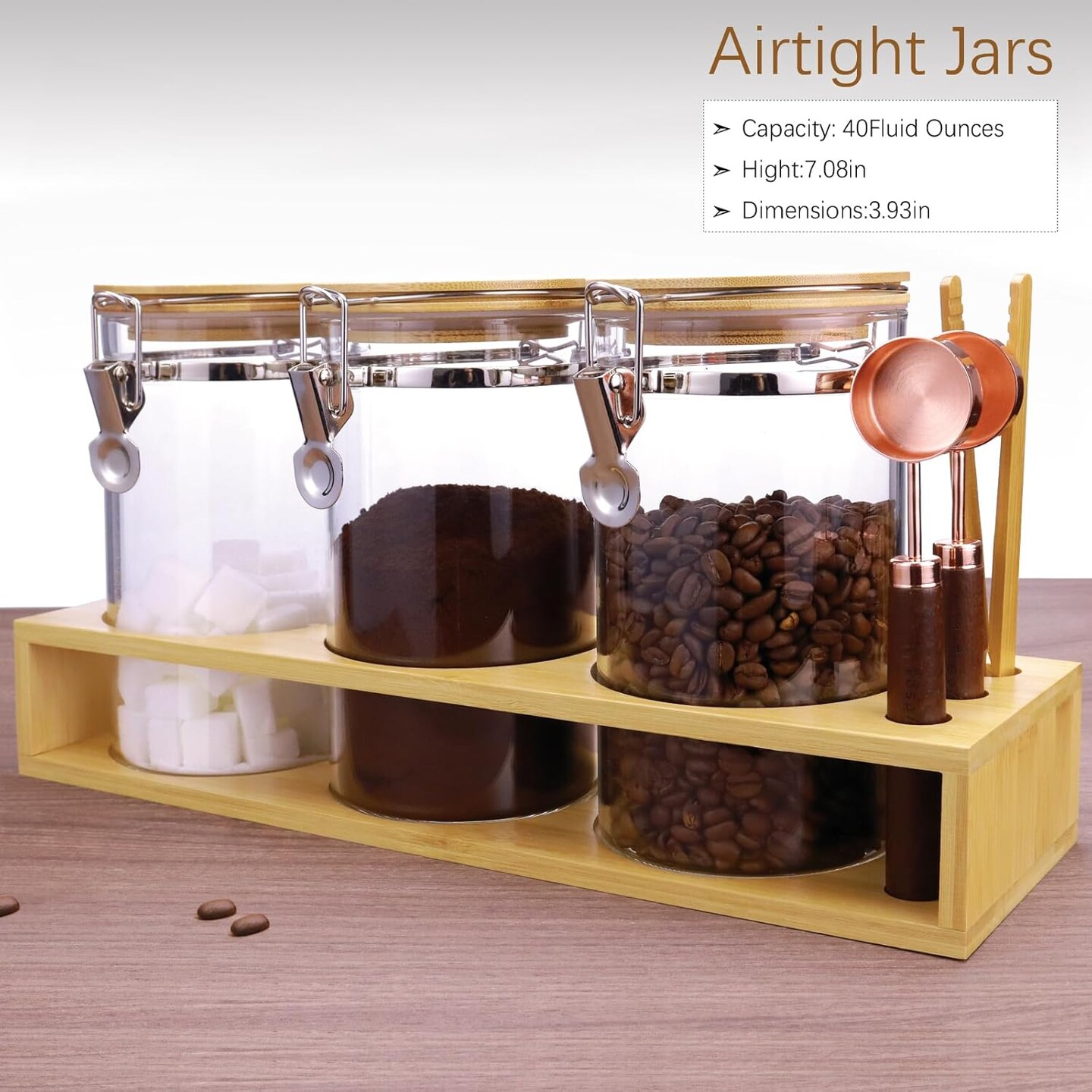 3-Pack Glass Coffee Storage Jars, 40oz with Bamboo Shelf & Airtight Lids