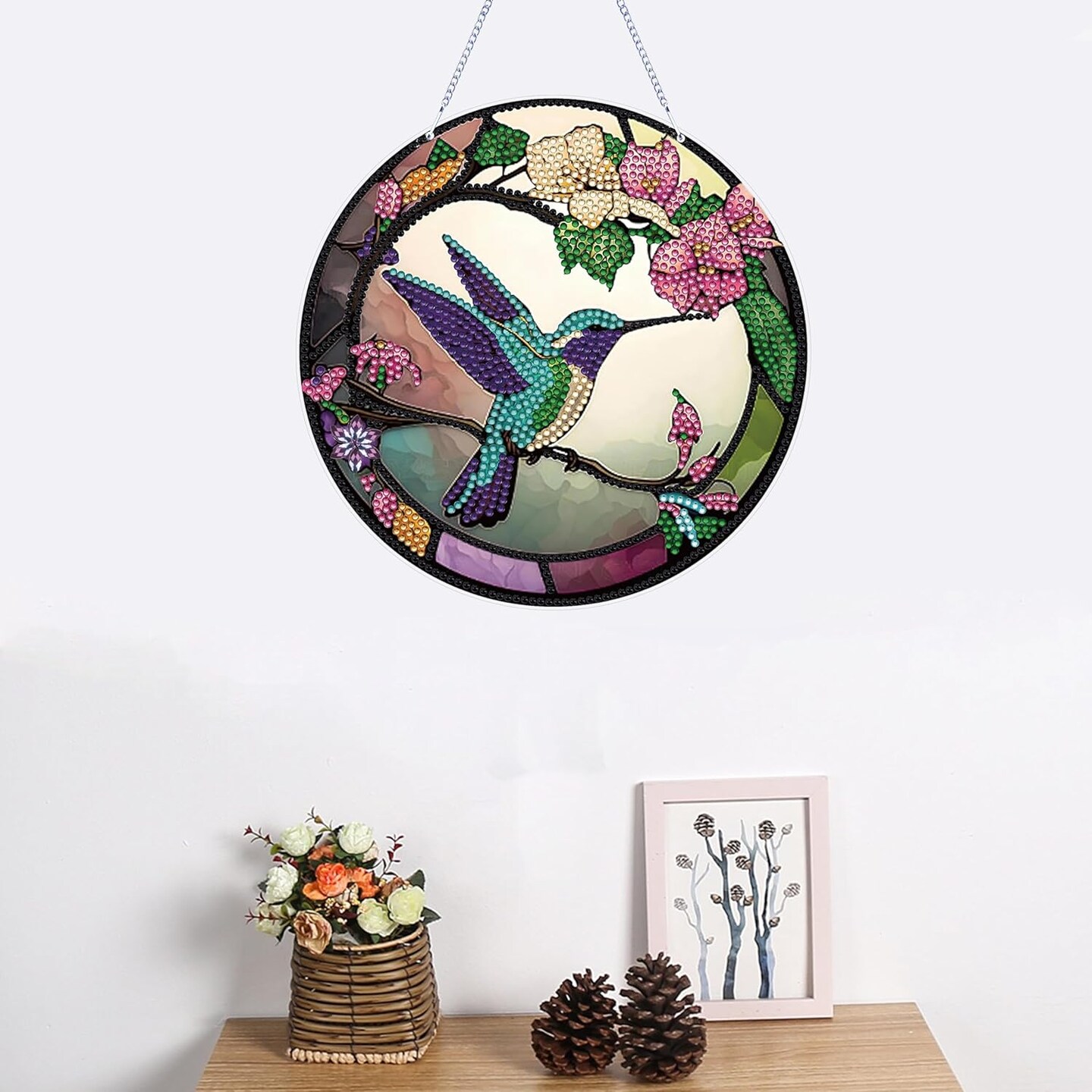 DIY 5D Flowers Hummingbird Diamond Painting Kits Hanging Sign Wall Art Sign Bird Diamond Art Suncatcher Window Hanging Ornament Window Pendants Home Garden Wall Door Diamond Art