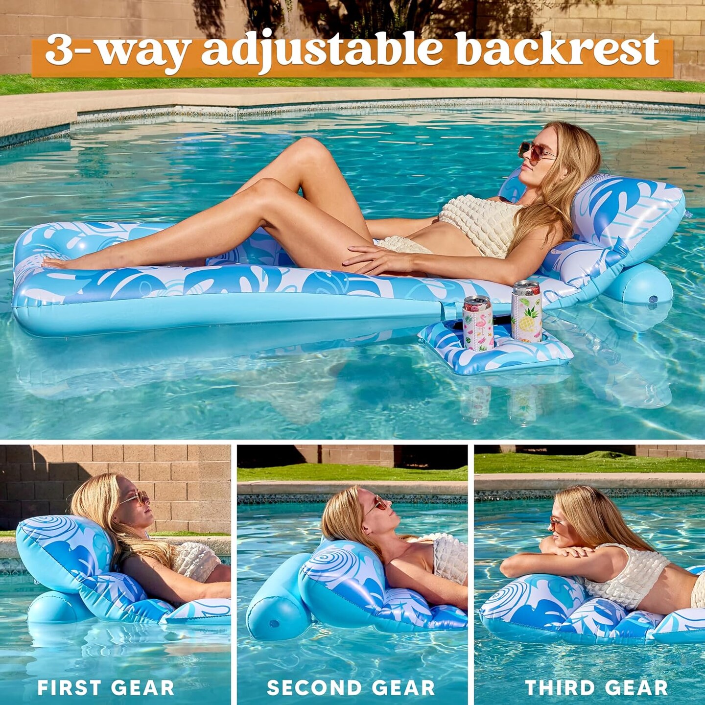 Adjustable Backrest Pool Floats - Tropical Leaves Pool Lounger Floaties Adults with Cup Holders, Inflatable Tanning Float Rafts Chair Beach Lake Lounge