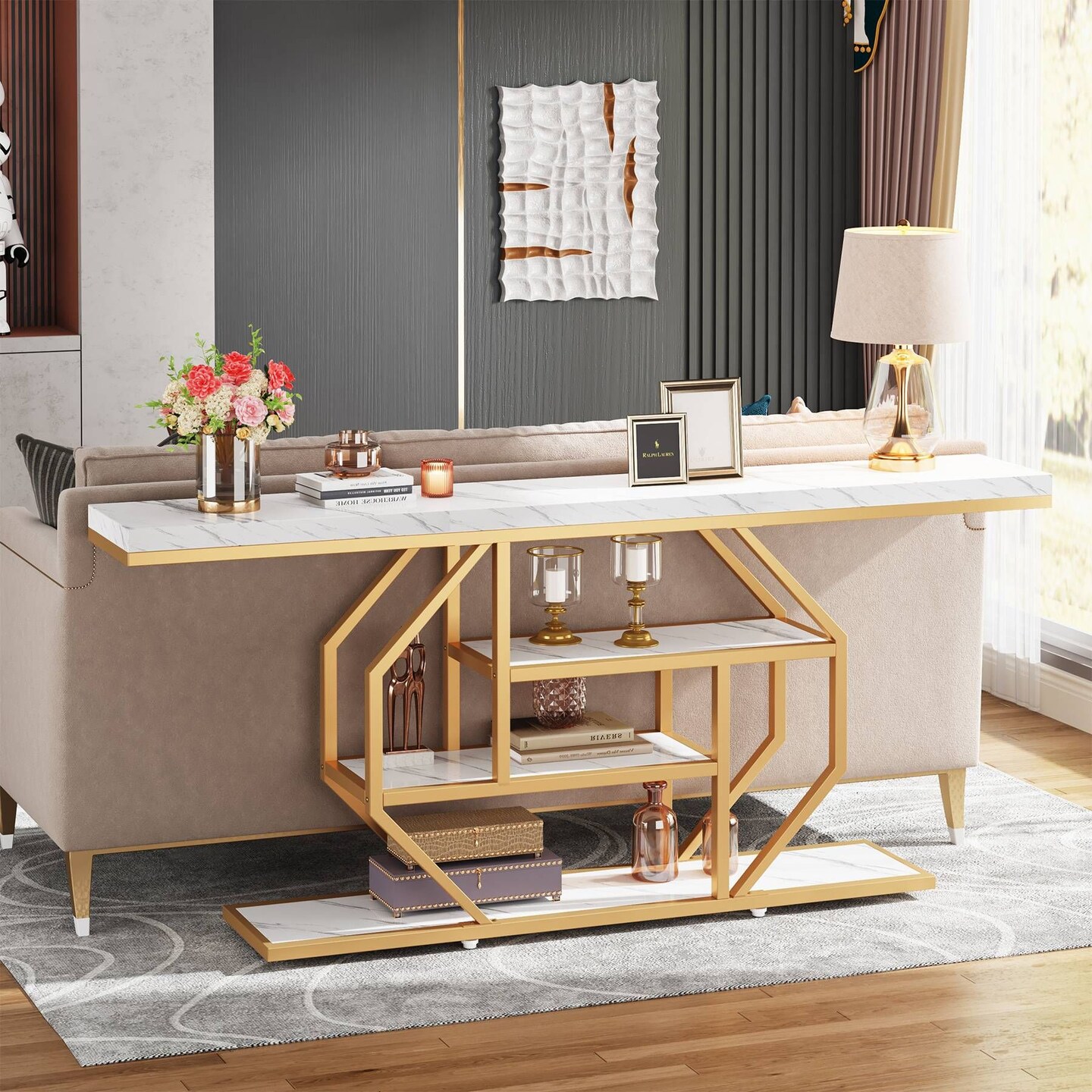 40" Accent Console Table Faux Marble Top with Geometric Metal Base