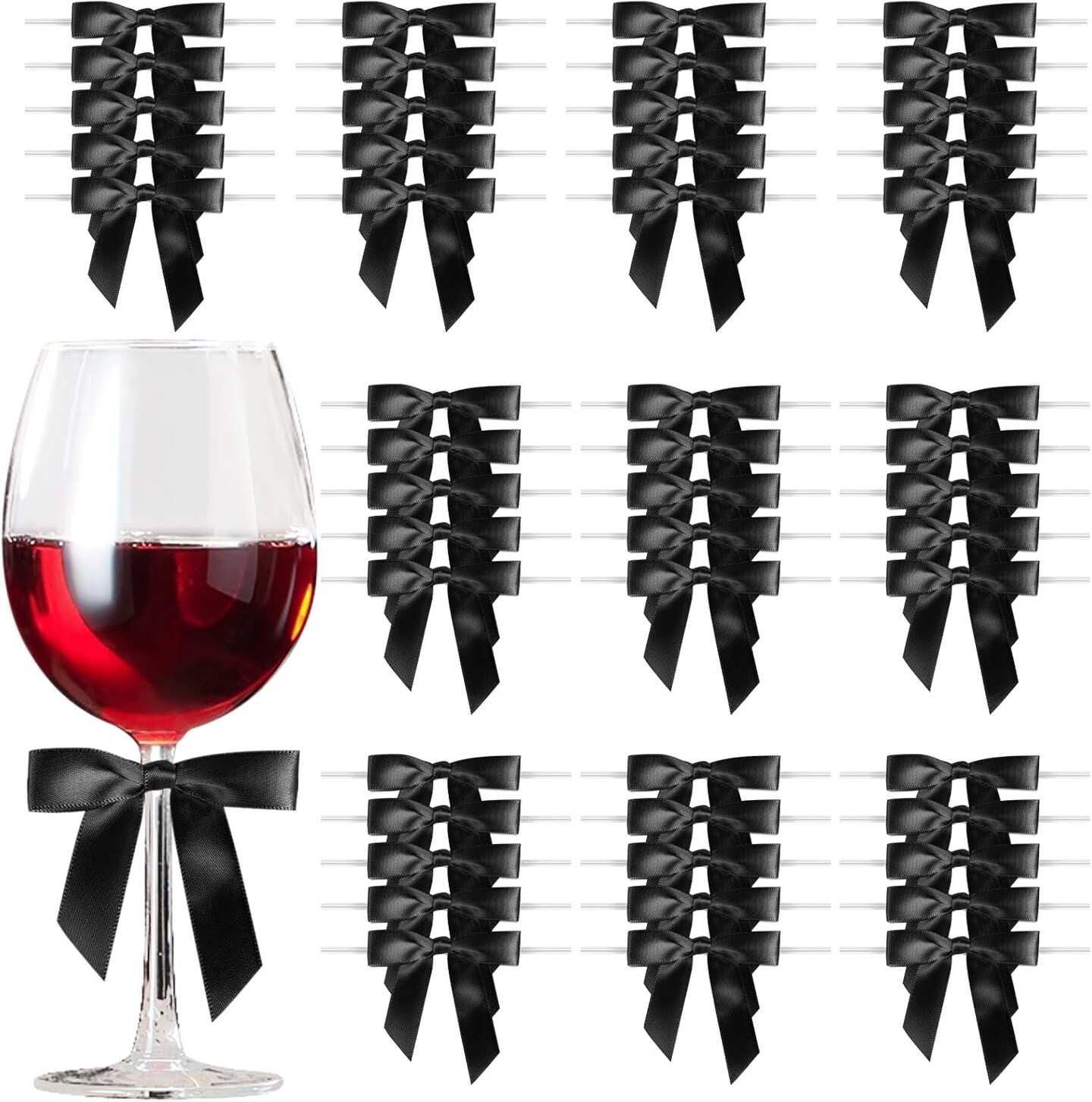 Satin Ribbon Black Bow Decor 2.5" Premade Pink Twist Tie Bows (50 Counts)