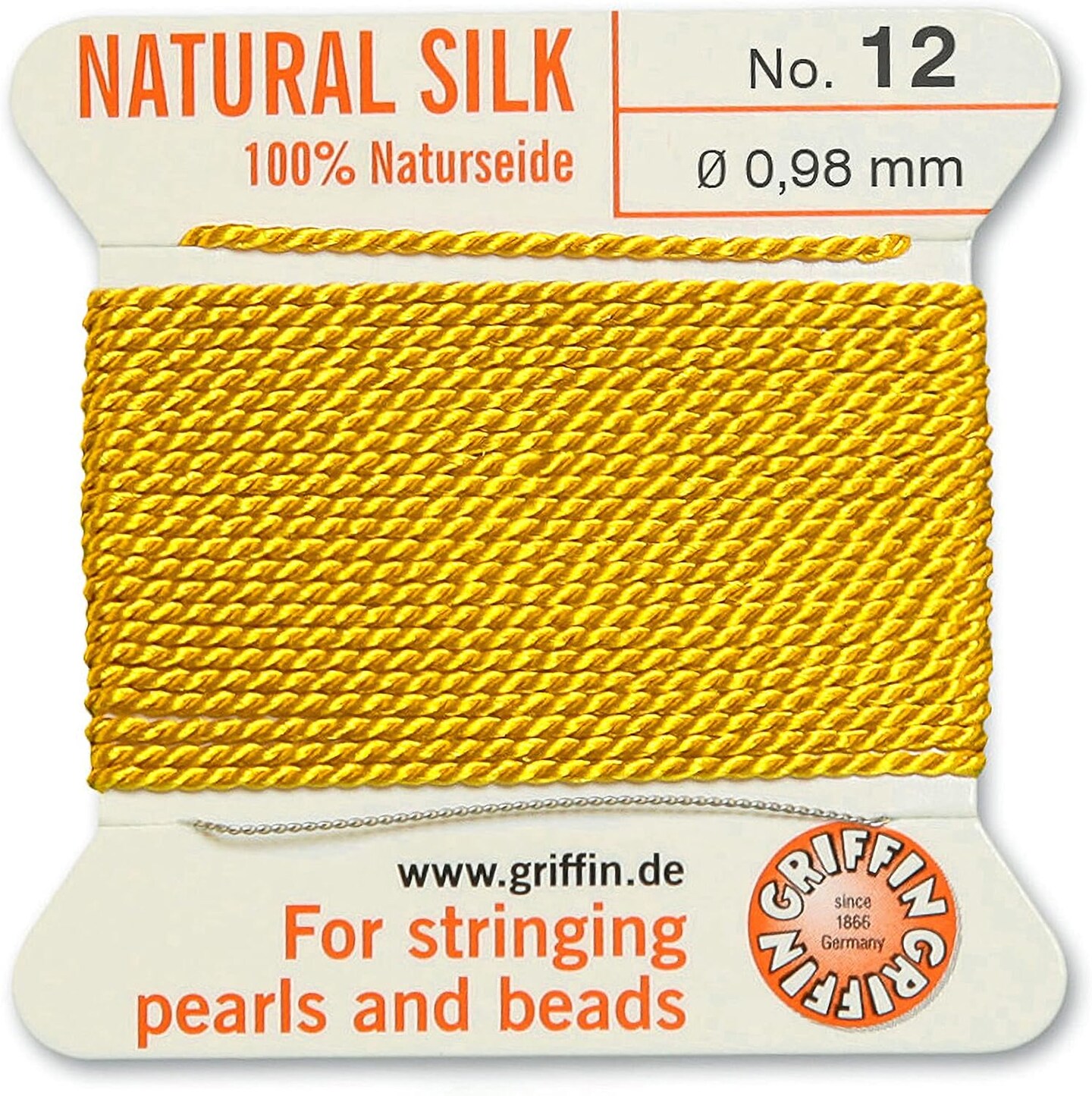 Griffin Silk Bead Cord Perlseide – Size 12 (0.98mm) – 2 Meters per Card – Stainless Steel Needle Attached – for Knotting Pearls, Gemstones, Crystals and Beads