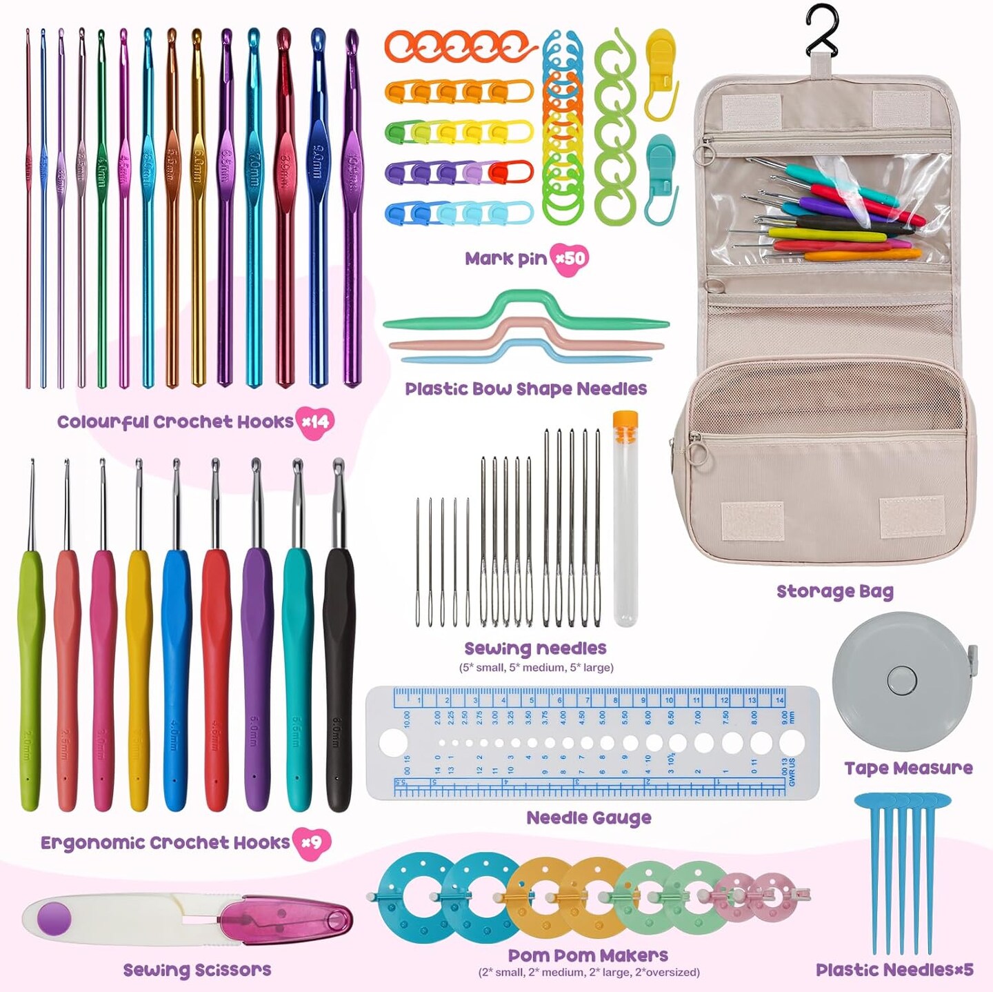 108PCS Crochet Kit for Beginners 14 Sizes Ergonomic Crochet Hooks with Storage Bag