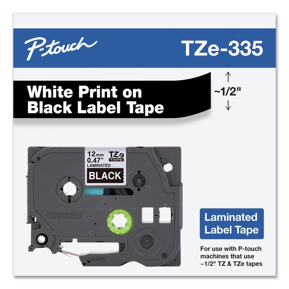 Brother P-Touch 0.47 in. x 26.2 ft. TZe Standard Adhesive Laminated Labeling Tape - White on Black