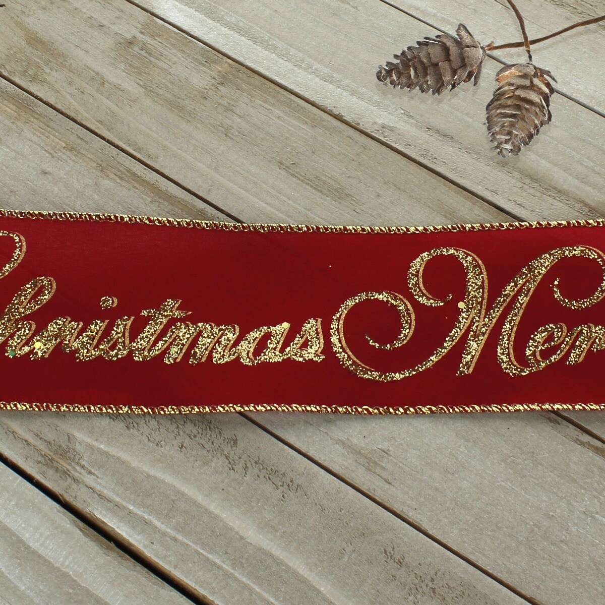 2 1/2&#x22; Wired Ribbon Gold Glitter Merry Christmas Red - 10 Yards