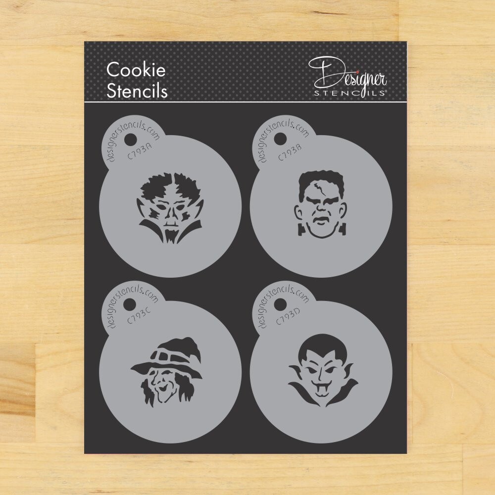 Mini Monster Faces Cookie &#x26; Cupcake Stencil Set: Frankenstein, Werewolf, Witch, Dracula | C793 by Designer Stencils | Cookie Decorating Tools |